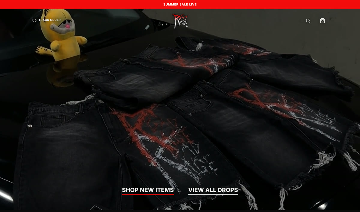Road Rage homepage after the rebuild: a single full-width product photo with Shop New Items and View All Drops buttons.