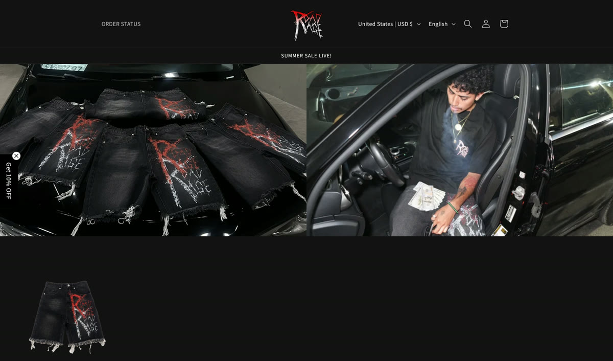 Road Rage homepage before the rebuild: default Shopify theme with a crowded header, thin sale banner, and two split images with no buttons.